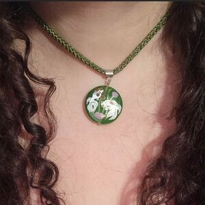 Vintage Cloissone Mossy Green Gold Lavendar Enamel Fish Pendant Necklace